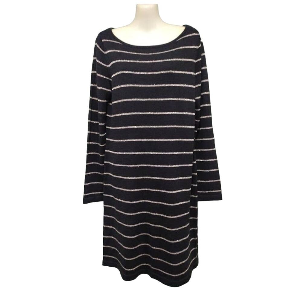 Ann Taylor LOFT Sweater Dress with Metallic Stripes, Blk and Silver, Sz L